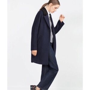 ZARA Navy Shaggy Collared Wool Blend Coat